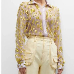 Des Phemmes Lavender Tulle Sequin Yellow Embroidered Shirt Sz 48 NWT